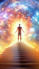 Wall Mural - silhuette of a man spirit on galaxy space background, colorful energy flow, 4k 9x16 vertical new qua