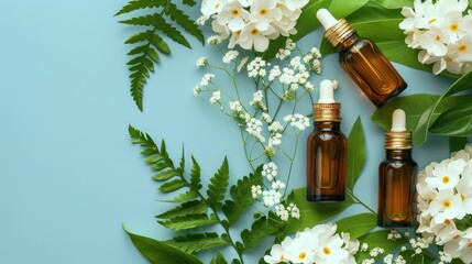 Poster - Organic Aroma Oil Bottles with Fern Leaves and White Flowers on Blue Background