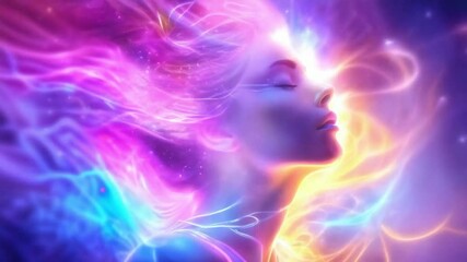 Wall Mural - woman spirit on galaxy space background, colorful energy flow, 4k new quality colorful stock video footage wallpaper AI