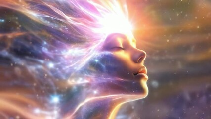 Wall Mural - woman spirit on galaxy space background, colorful energy flow, 4k new quality colorful stock video f