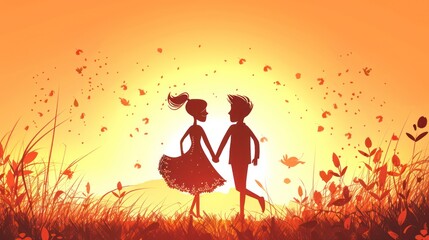 Wall Mural - Silhouette of wedding celebration in the sunset