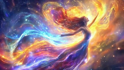 Wall Mural - woman spirit on galaxy space background, colorful energy flow, 4k new quality colorful stock video footage wallpaper AI