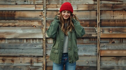 Wall Mural - Girl looks happy in her stylish outfit. She wears a green jacket, baggy jeans, and a red hat. The background is made of wood.