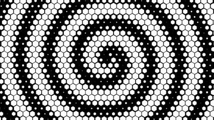 Wall Mural - Dynamic Moving Hexagons on Hexagonal Grid. Abstract Geometric Monochrome Pattern. Abstract Tech Background. Vector Illustration. Halftone Multi Scale Pattern.