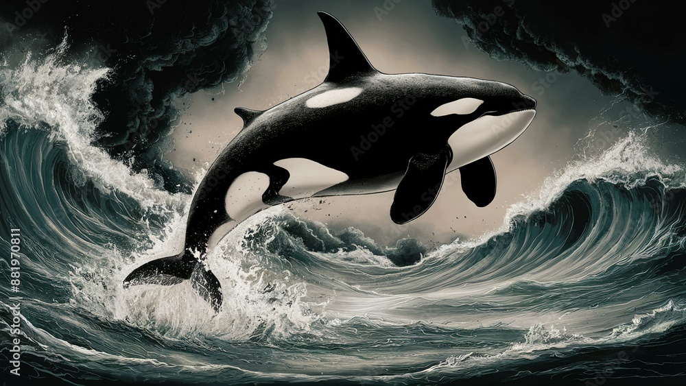 Dramatic, cinematic depiction of a majestic orca whale breaching the ...