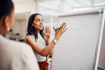 Aufkleber - Woman, mentor and whiteboard in office for training, teaching and learning for skill or career development. People, employee and coach or leader at workshop with internship program and motivation