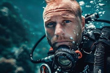 Wall Mural - A male diver takes a photo of the vibrant coral reef with his underwater camera, surrounded by the ocean's wonders. The wetsuit and scuba gear are a testament to his adventurous spirit.