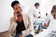 © MollerFinest/peopleimages.com - Woman, happy and phone call at desk for networking, communication and mobile app. Social media, talking and copywriter in office with technology for research, internet and feedback for blog