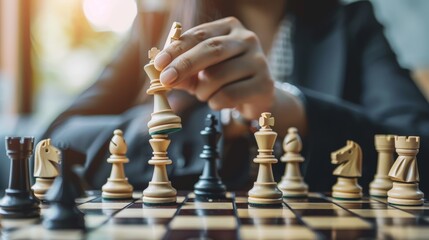 person playing chess board game Conceptual image of businesswoman holding chess pieces such as business competition and risk management. business planning