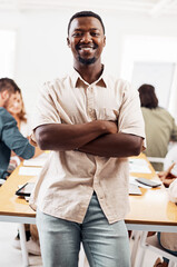 Aufkleber - Employee, black man and arms crossed in office for meeting with brainstorming and strategy. Happy, confidence and smile on portrait in boardroom for teamwork, collaboration and proud for progress