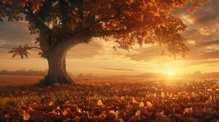 Wall Mural -  breathtaking horizon of a beautiful autumn sunset with a large tree