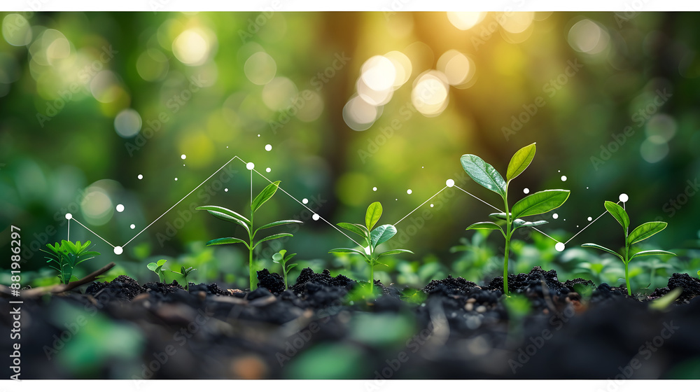 Young green plants in soil under sunlight with digital growth chart