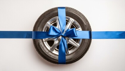 Wall Mural - Perfect Present: Car Wheel Decorated with Blue Ribbon and Bow on White Background