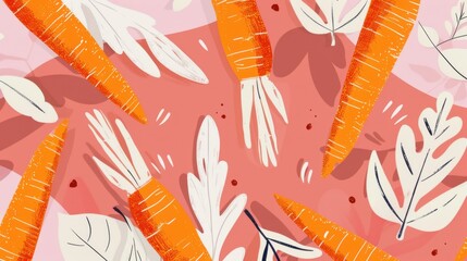 A playful abstract illustration features bold orange carrots and white leaves on a rosy background, perfect for creative and decorative designs.