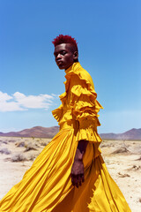 Wall Mural - A woman in a yellow dress is standing in a desert