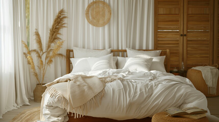 Wall Mural - Cozy bedroom interior with white bedding, wooden furniture, and soft natural light