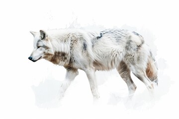 Wall Mural - A white wolf walks across the snowy ground, its fur blending with the winter landscape