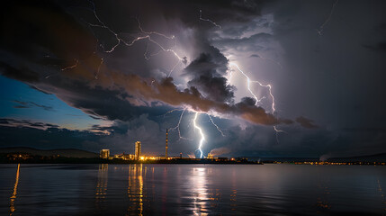 Wall Mural - View of lightning over factory with ocean in foreground at night