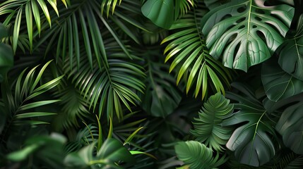  Hand-Drawn Pattern of Monstera Leaves and Palm Branches in Green Tropical Forest, Abstract Botanical Wallpaper for Banners, Prints, and Wall Art