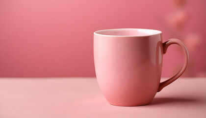 Cute pink ceramic cup against pink backdrop. Drink ware. Mug for hot beverage. Mock-up.