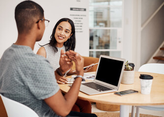 Aufkleber - Business people, meeting or laptop in office for discussion, teamwork or planning project together. Talking, startup company or brainstorming in conference room for agenda, ideas or collaboration