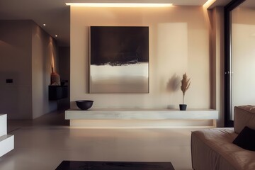 Wall Mural - minimalist interior with floating picture frame soft ambient lighting muted color palette clean lines contemporary design