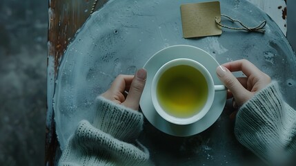 From above anonymous female holding white cup of hot aromatic green tea with tag placed on with on concrete table. 