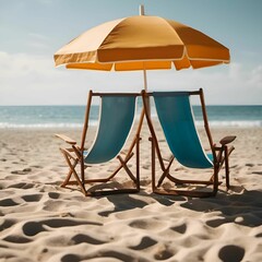 Poster - AI generated illustration of beach chairs under a yellow umbrella on a sandy beach