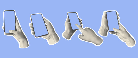kit of hands with a smartphone. scrapbooking halftone cutout collage. contemporary elements in a ret
