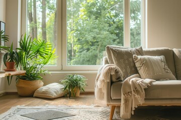 Wall Mural - serene scandinavian interior large window view natural wood furniture lush potted plants soft neutral palette cozy hygge atmosphere