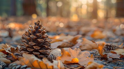 Wall Mural - Close-up of a pine cone on the forest floor with autumn leaves. Soft, warm sunlight filters through the trees in the background.