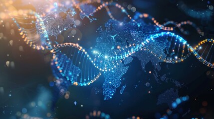 Wall Mural - Digital World Map with DNA Helix