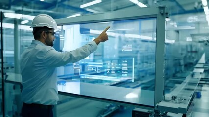 Man in white lab coat working in factory with 2 computer monitors. Engineering technology concept.