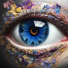 Poster - AI generated illustration of a close-up of a human eye with intricate floral patterns around it