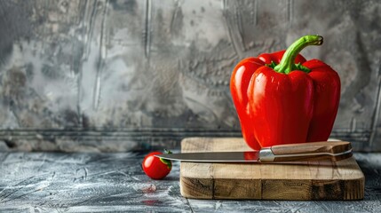 Poster - Red bell pepper and knife on cutting board for healthy meal preparation