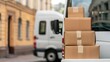 © ktianngoen0128 - Courier van loaded with packages in urban setting, ready for dispatch with efficient delivery, emphasizing depth of field and copy space.