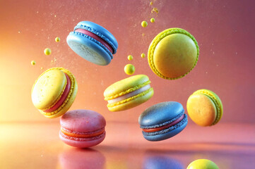 Wall Mural - Falling macarons of different colors on a pink background.