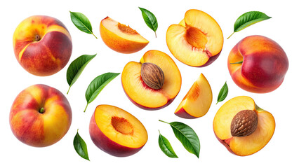 Sticker - Flying pieces of ripe peaches isolated on a transparent background