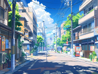 anime background illsutration, atmosphere of a empty street in the middle of a beautiful city