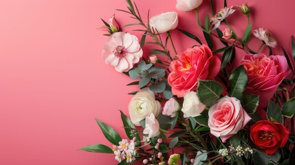 Poster - Floral Arrangement with Roses and Greenery on Pink Background