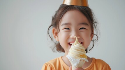 Wall Mural - portrait of a little girl with am ice cream, a girl holding an soft ice cream cone, A cute girl smiling