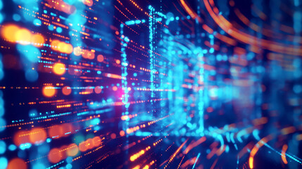 Abstract digital landscape of glowing code lines and bokeh lights in cyberspace.