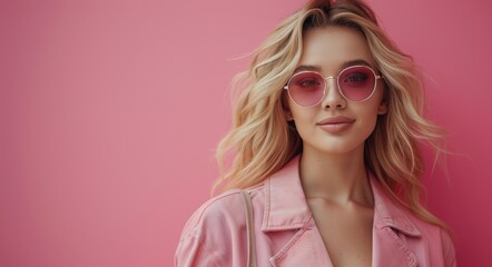 Canvas Print - Woman With Blonde Hair Wearing Pink Sunglasses Against Pink Background