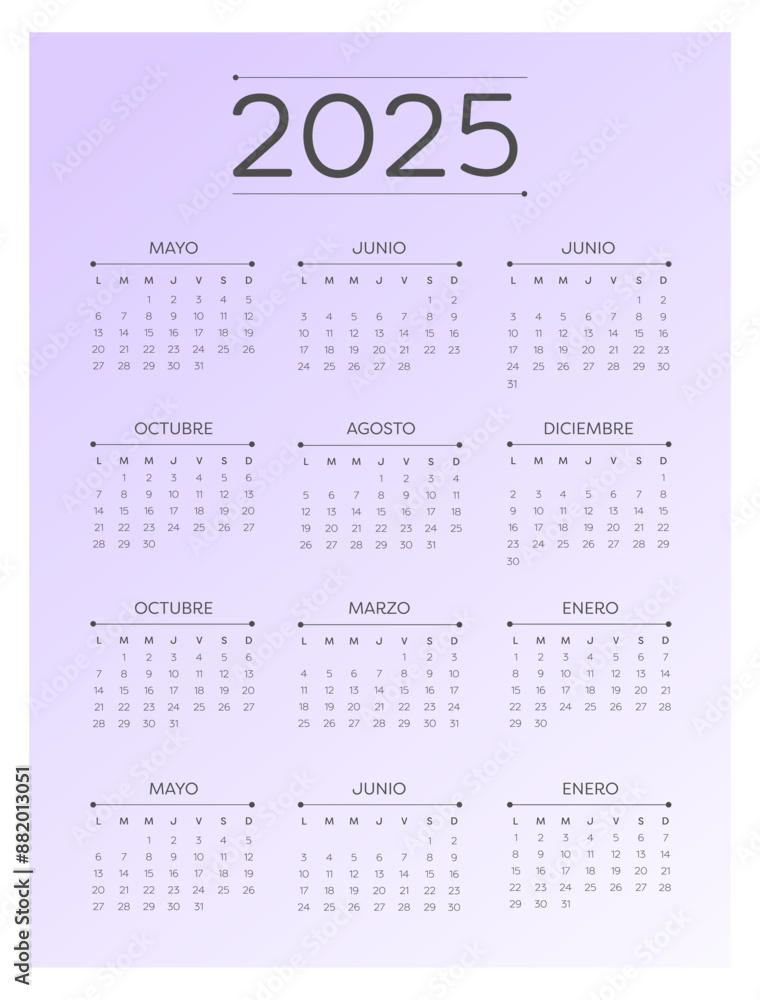 2025 Spanish calendar. Vertical calendar. The week starts on Monday ...
