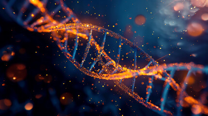 Poster - Detailed depiction of a glowing orange DNA strand with sparkling particles against a dark backdrop.