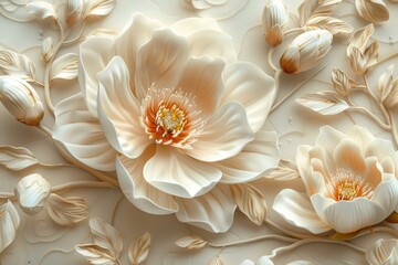 Wall Mural - 3D Floral Wall Art with Delicate White Flowers