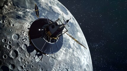 Digital illustration of a geomodule satellite with three-axis structure orbiting the lunar surface, set against the backdrop of space. 