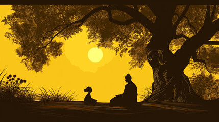 Sticker - Silhouette of two people meditating under a large tree at sunset.