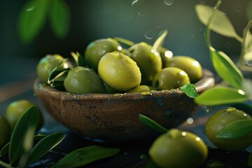 A bowl filled with green olives sitting on a table