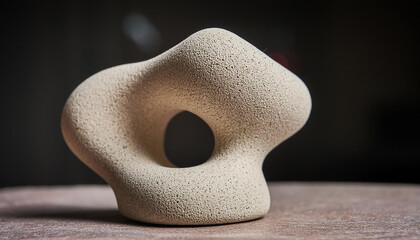 Modern abstract sculpture with fluid shapes, marble base. Smooth stone art with speckled texture.